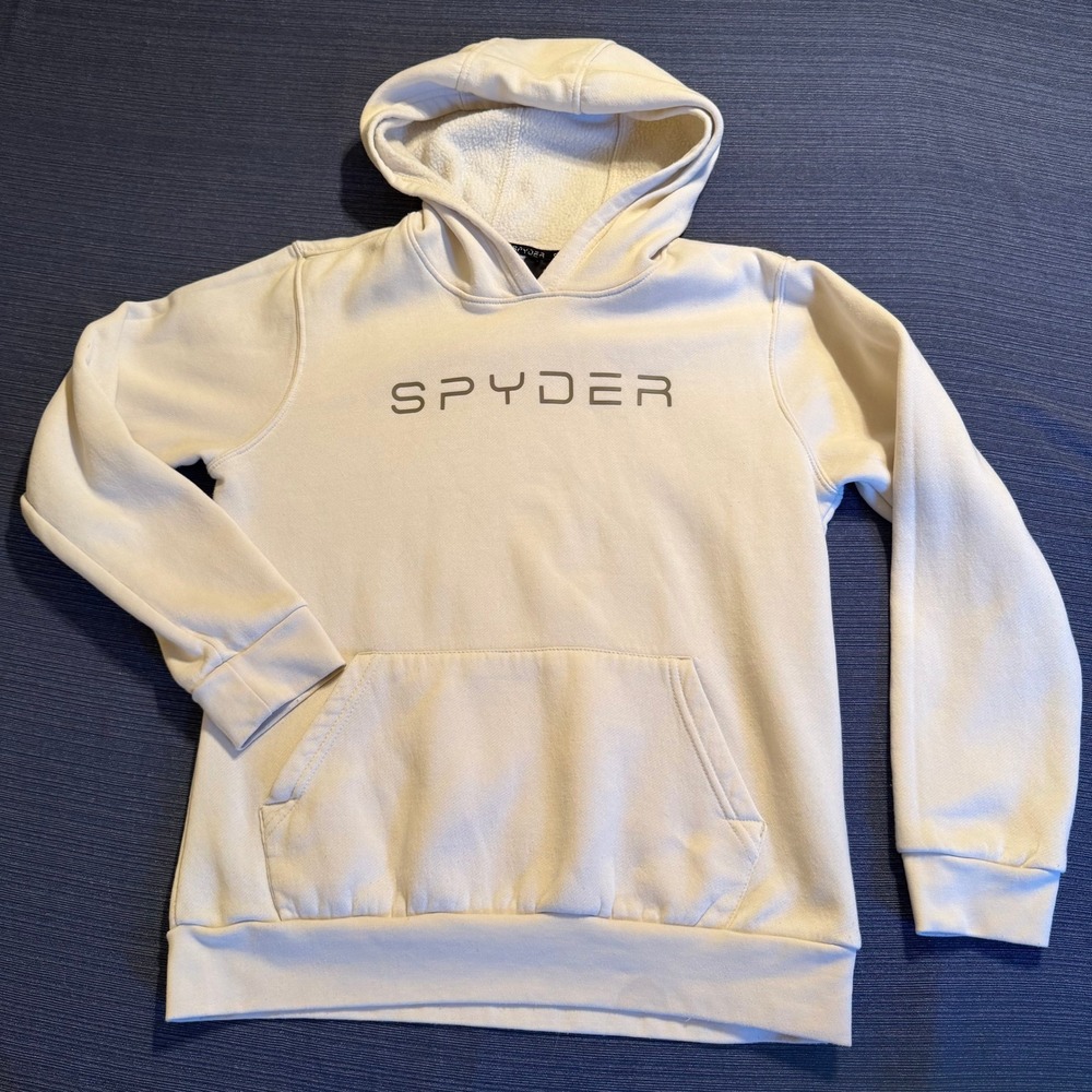 Spyder Pullover Hoodie Cream Off-White Logo Fleece Sweatshirt Mens Medium
